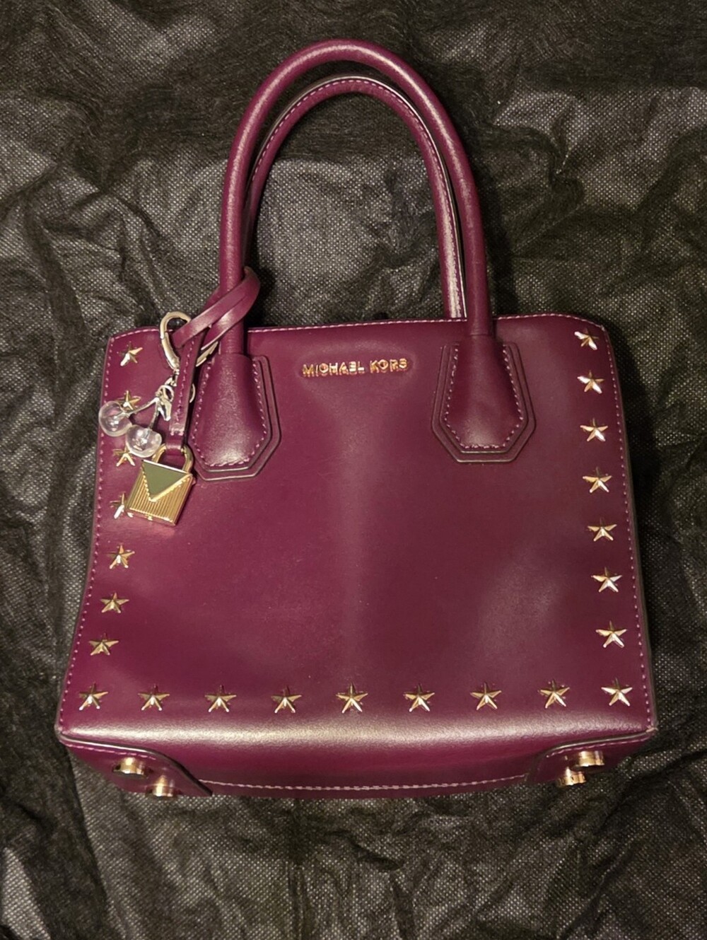Michael Kors Plum Leather Satchel with Gold Star Studs
